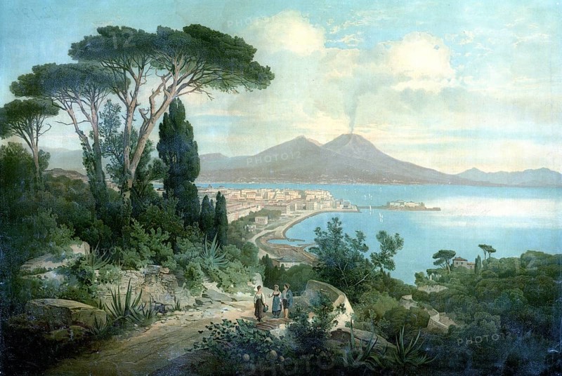 Naples and Vesuvius, Vesuvio, active volcano. It is located on the Gulf of Naples in the Italian region of Campania, Italy, authentic reproduction of a school mural, historic, around 1900