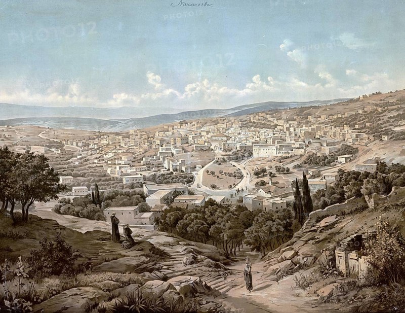 Nazareth, a city in the northern district of Israel in Galilee, authentic reproduction of a school mural, historic, around 1900