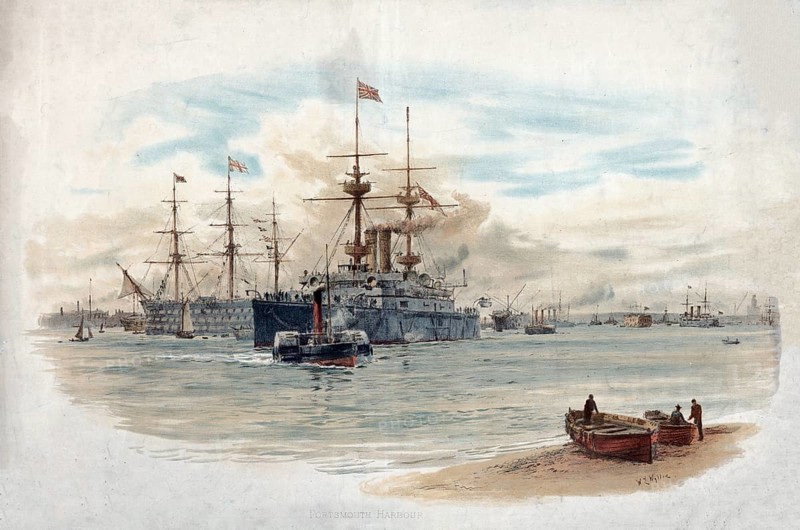 Portsmouth Harbour, bay at the mouth of the Piscataqua River, which forms the border between the states of New Hampshire (Rockingham County) and Maine (York County), America, authentic reproduction of a school mural, historical, around 1900