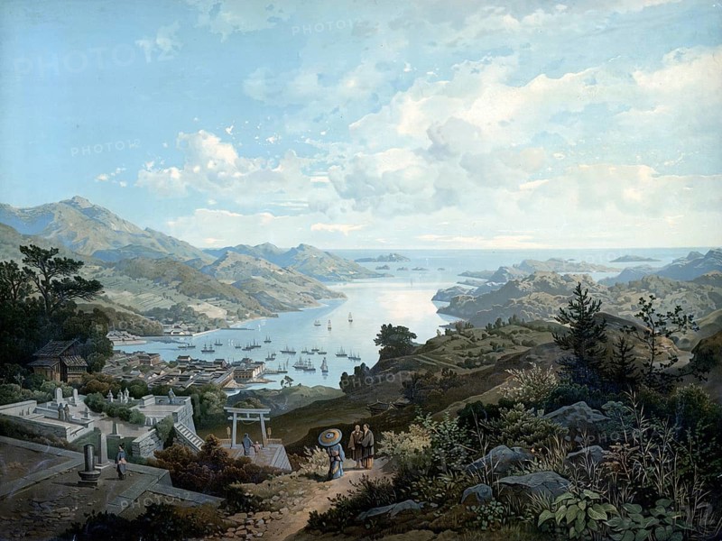 City and port of Nagasaki, Japan, authentic reproduction of a school mural, historic, around 1900