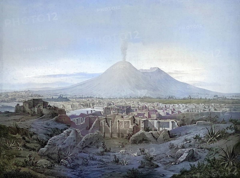 The ruins of Pompeii and Mount Vesuvius in the background, Campania, Italy, authentic reproduction of a school mural, historic, around 1900