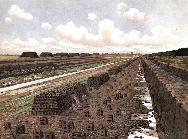 Peat cutter, peat mining near Drenthe, Holland, Netherlands, authentic reproduction of a school mural, historical, around 1900