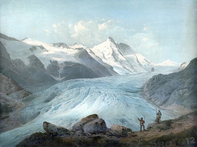 Pasterze, still the largest glacier in Austria and the longest in the Eastern Alps, with a length of around 8 km. It is located at the foot of the Grossglockner in the highest valley floor of the MÃ¶lltal, Austria, authentic reproduction of a school wall painting, historic, around 1900