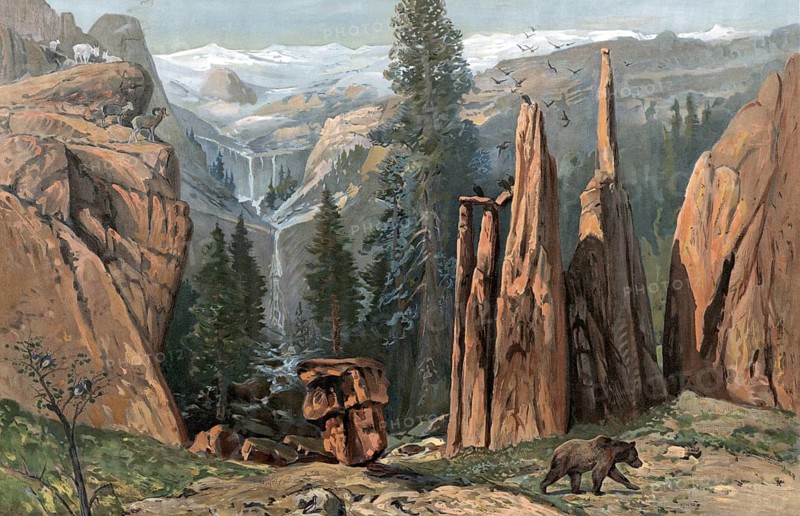 Mountain landscape in North America, rocky mountains, America, authentic reproduction of a school mural, historical, around 1900