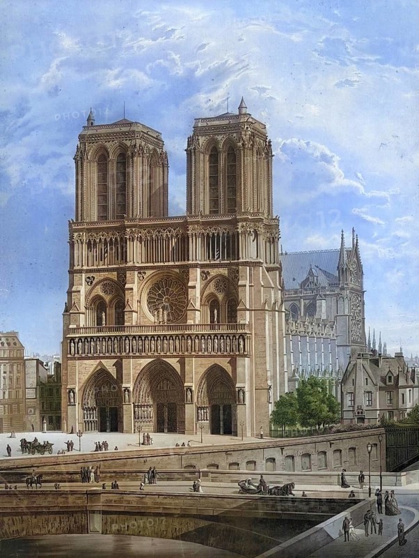Notre-Dame de Paris Cathedral, CathÃ©drale Notre-Dame de Paris, Cathedral of Our Lady of Paris, Roman Catholic Episcopal Church of the Archdiocese of Paris, Paris, authentic reproduction of a school mural, historic, around 1900