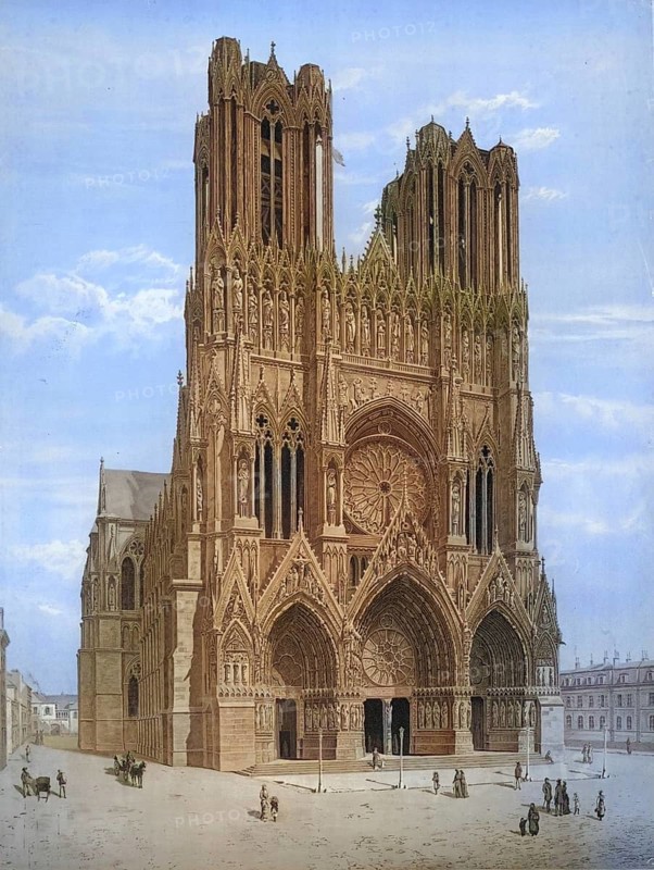 Cathedral of Reims, CathÃ©drale Notre-Dame de Reims, Cathedral of Our Lady of Reims, Reims, Episcopal Church of the Archdiocese of Rheims, France, authentic reproduction of a school mural, historical, around 1900