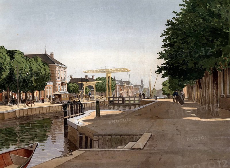 Canal, canal in Amsterdam, the Netherlands, Holland, authentic reproduction of a school mural, historical, around 1900