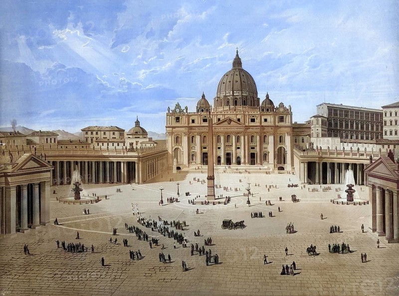 Basilica of St. Peter, Basilica di San Pietro, St. Peter's Basilica, St. Peter's Basilica, Vatican Basilica, the Memorial Church of the Apostle Simon Peter. It is located on the territory of the independent state of Vatican City, Rome, Italy, authentic reproduction of a school mural, historic, around 1900