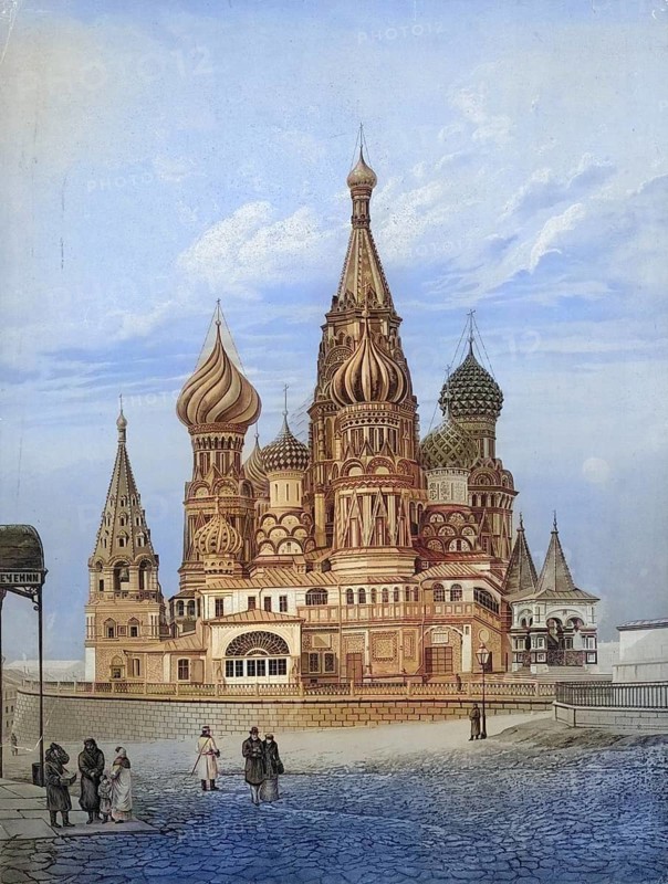 St. Basil's Cathedral, officially the Protection and Intercession Cathedral on the Graben, Orthodox Cathedral on Red Square in Moscow, Russia, authentic reproduction of a school mural, historic, around 1900