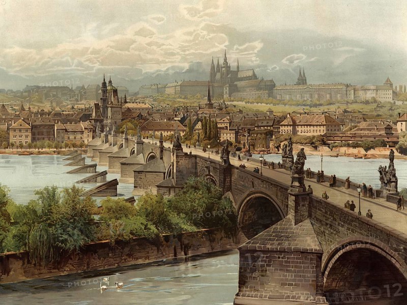 View of Prague, Czech Republic, Czech Republic, authentic reproduction of a school mural, historical, around 1900