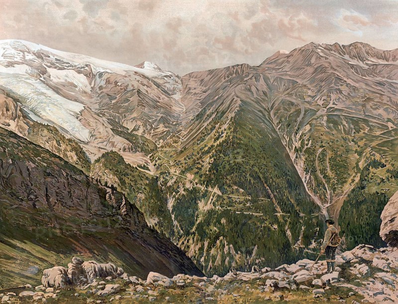 Stelvio Pass, Stelvio Pass, Passo dello Stelvio, mountain pass in the Ortler Alps, South Tyrol, Italy, authentic reproduction of a school mural, historical, around 1900