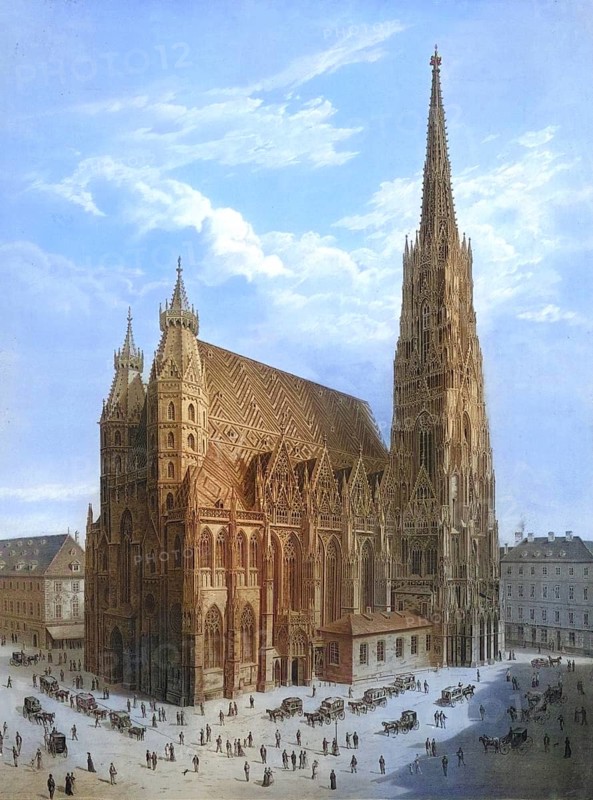 St. Stephen's Cathedral, Cathedral and Metropolitan Church of St. Stephen and All Saints, Vienna Stephansplatz, since 1365 cathedral and seat of a priestly community, since 1469/1479 cathedral, since 1723 Metropolitan Church of the Archbishop of Vienna, Austria, authentic reproduction of a school wall painting, historical, around 1900