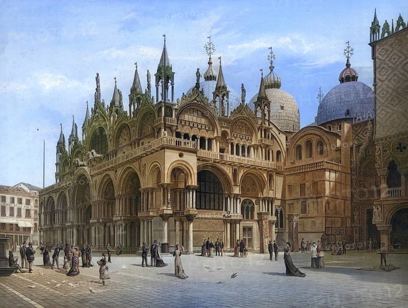 St. Mark's Basilica, Basilica di San Marco, a Roman Catholic church on St. Mark's Square in Venice, Italy, authentic reproduction of a school mural, historic, around 1900