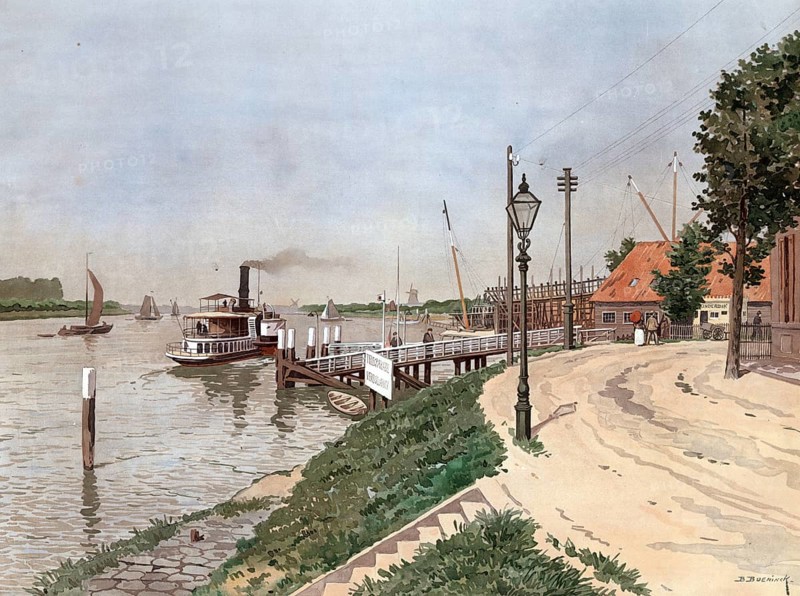 Jetty near Dordrecht, city and municipality in the Dutch province of South Holland, on the island of the same name, Holland, Netherlands, authentic reproduction of a school wall painting, historic, around 1900