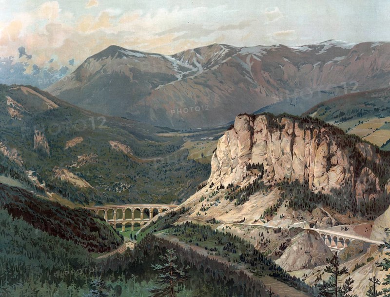 Semmering Railway, a railway line in Austria, authentic reproduction of a school mural, historic, around 1900