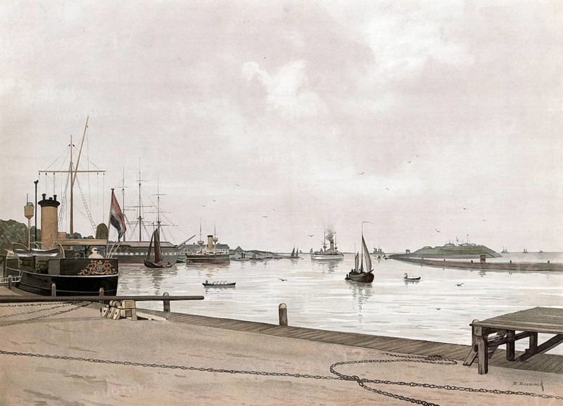 Port of Den Helder, Dutch community on the North Sea coast in the province of North Holland, Holland, Netherlands, authentic reproduction of a school mural, historic, around 1900