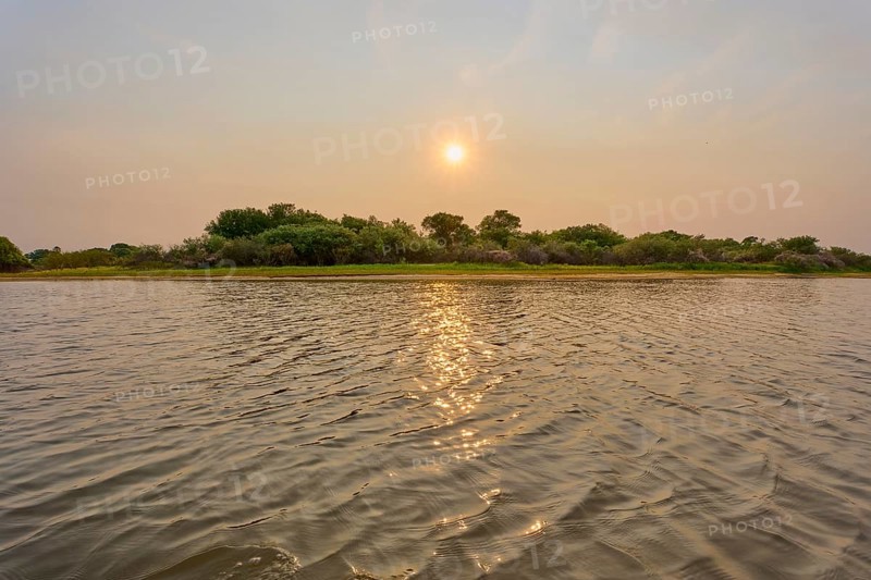Sunrise over a river, calm reflections in the water, peaceful and natural atmosphere, Rio Negro, Fazenda Barranco Alto, Pantanal, UNESCO Biosphere Reserve, World Heritage Site, Mato Grosso, Brazil