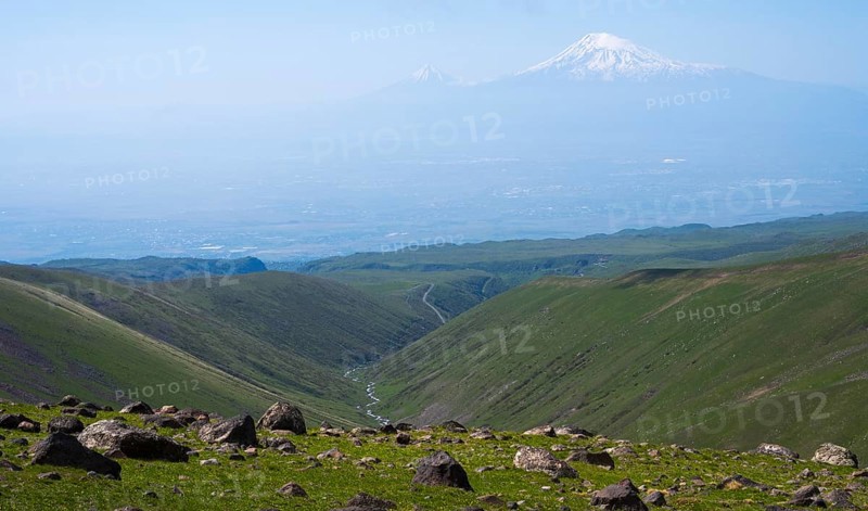 Extensive landscape with green valleys and snow-capped mountains on the horizon, view from Aragaz to Ararat, Aragats, Aragac, Alagyaz, Aragazotn, Armenia