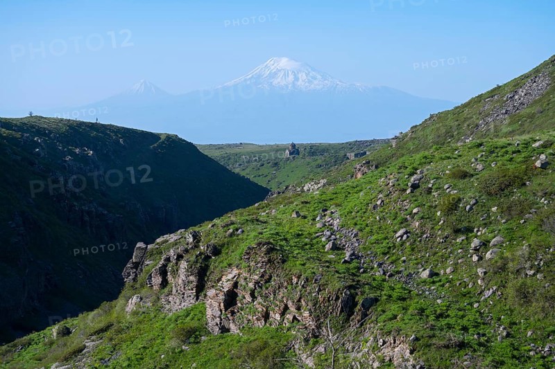 Wide green valley flanked by steep slopes, with Mount Ararat in the background, Our Lady Church with Ararat in the background, Vahramashen Church, Vahramashen Surp Astvatsatsin, Amberd Gorge, Aragazotn Province, Armenia