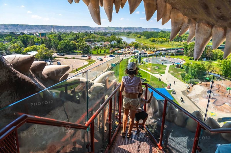 Mother and son enjoying a panoramic view of drumheller from inside the world's largest dinosaur, a towering t rex statue overlooking the red deer river valley