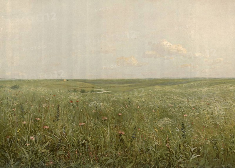 Steppe landscape in Kazakhstan, authentic reproduction of a school mural, historical, around 1900