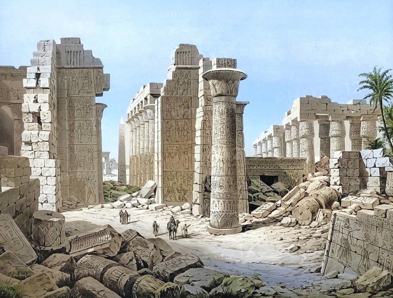 Temple of Karnak, Egypt, authentic reproduction of a school mural, historical, around 1900