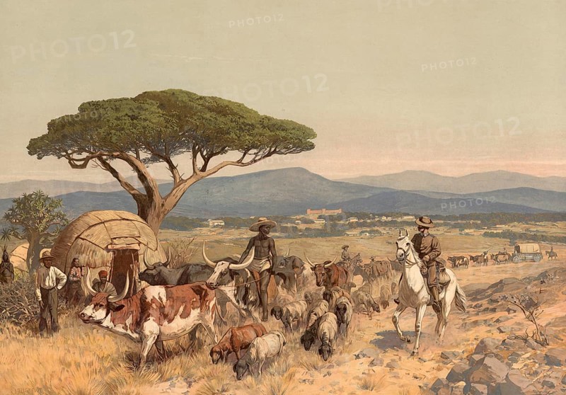 Shepherds with flock in the steppe near Windhoek, German colony, Namibia, authentic reproduction of a school mural, historical, around 1900