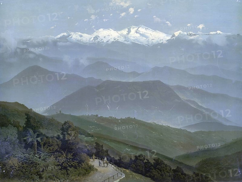 View of Kangchenjunga, at 8586 m the third highest mountain in the world and the easternmost eight-thousander, Nepal, authentic reproduction of a school mural, historic, around 1900