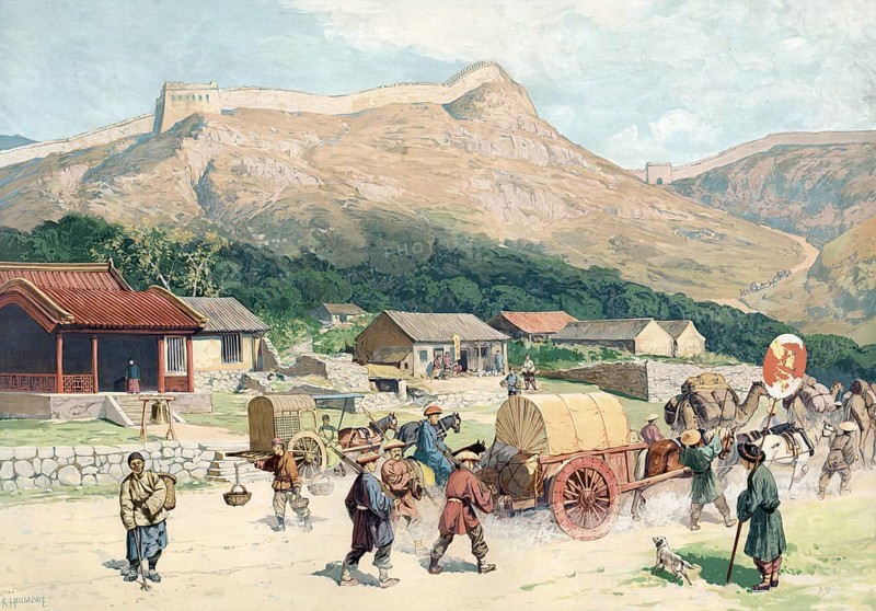 German colony, village scene and Great Wall of China at Nankou Pass, China, authentic reproduction of a school mural, historical, around 1900