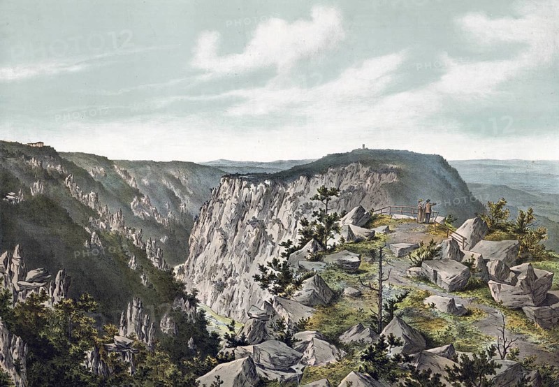 Landscape in the Harz Mountains, on the Brocken, Saxony-Anhalt, Germany, authentic reproduction of a school mural, historical, around 1900