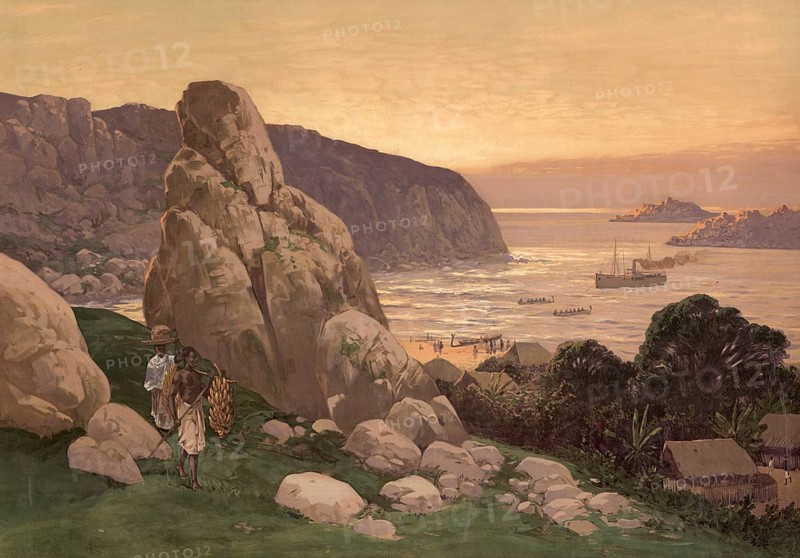 On Lake Victoria, German colony, Tanzania, authentic reproduction of a school mural, historical, around 1900
