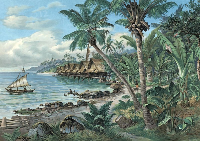 German colony, stilt village on Admiralty Island, Bismarck archipelago, archipelago in the western Pacific that belongs to Papua New Guinea and lies north of the main island of New Guinea, authentic reproduction of a school mural, historical, around 1900