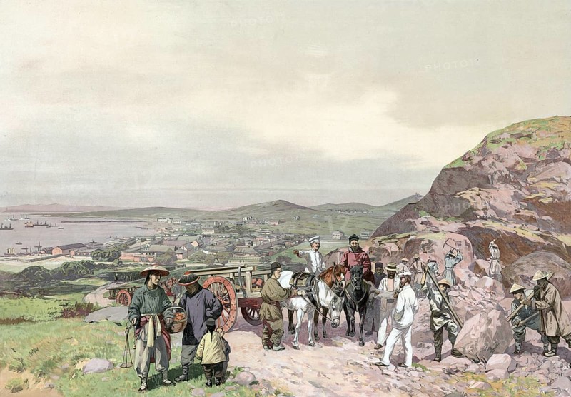 German colony, Tsingtau, city and port, China, authentic reproduction of a school mural, historical, around 1900