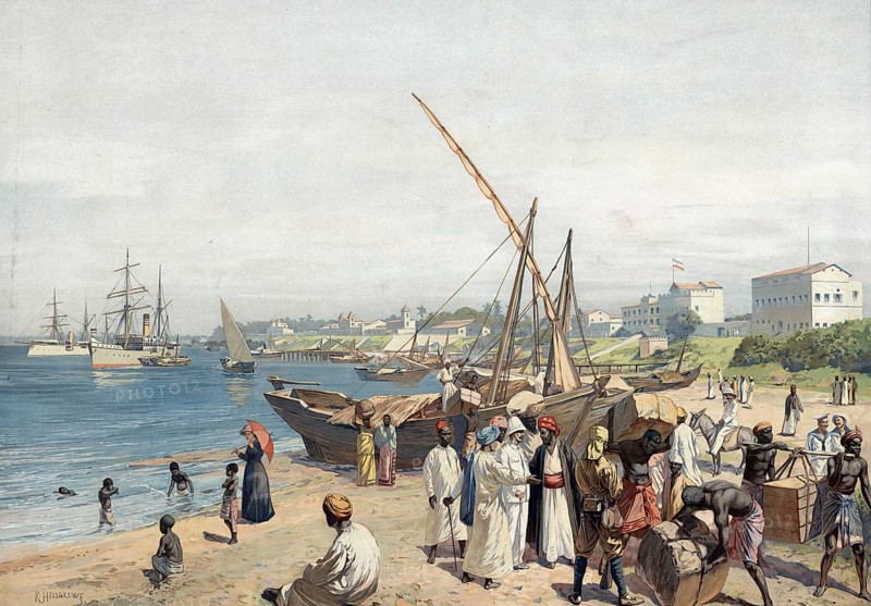 German colony, harbor scene in Dar Es Salam, Tanzania, authentic reproduction of a school mural, historic, around 1900