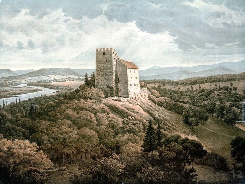 Habsburg, also known as Habsburg Castle in recent times, is a summit castle in Switzerland. It is located on the territory of the municipality of Habsburg in the canton of Aargau, authentic reproduction of a school mural, historic, around 1900
