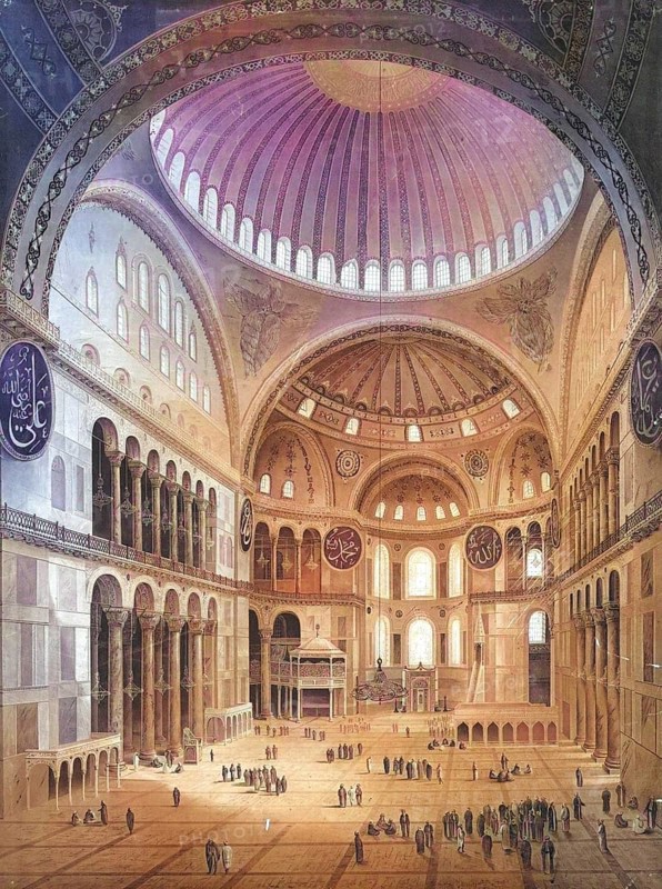 Hagia Sophia in Constantinople, today Istanbul, Turkey, authentic reproduction of a school mural, historic, around 1900