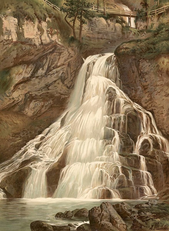 Gollinger Wasserfall, actually called Schwarzbachfall or Schwarzenbachfall, in Tennengau in Austria, authentic reproduction of a school mural, historic, around 1900