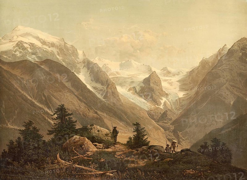 Landscape on Ortler, highest elevation in the Italian province of South Tyrol and the Tyrol region, Italy, authentic reproduction of a school mural, historic, around 1900