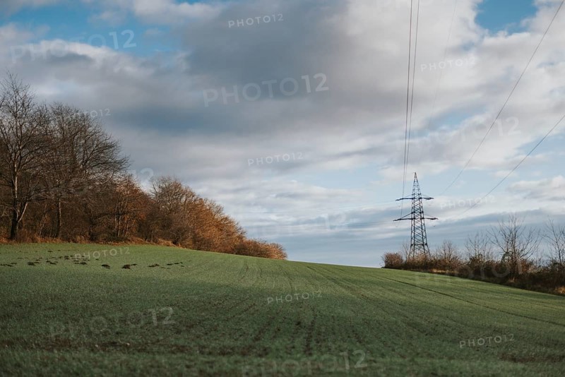 Meadow with a power pole on the horizon under a wide sky with large cloud formations, Ternitz, Lower Austria, Austria