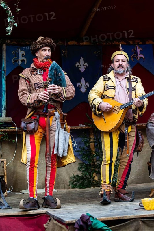 Bagpipers and mandloine players, musician, medieval clothing, medieval market, city of Esslingen, district of Esslingen, Baden-WÃ¼rttemberg, Germany