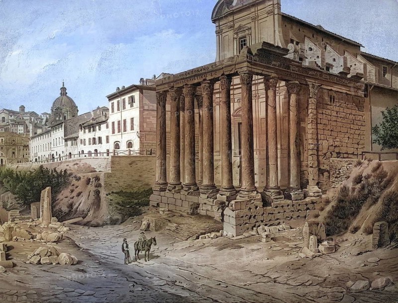 Roman Forum, Roman Market Square, in Rome is the oldest Roman forum and was the center of political, economic, cultural and religious life, Italy, authentic reproduction of a school mural, historical, around 1900