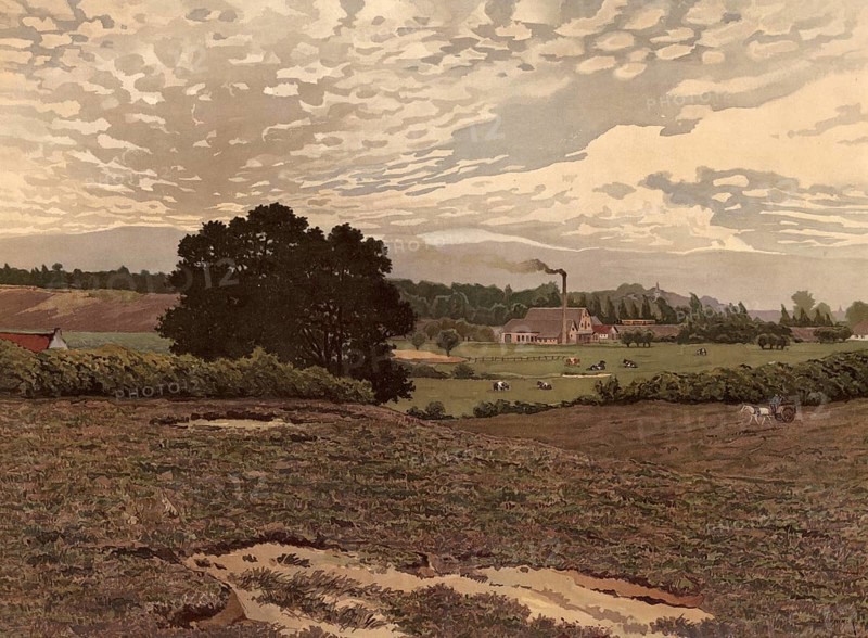 Rural scene near Velume, in the province of Gelderland, Netherlands, Holland, authentic reproduction of a school mural, historic, around 1900