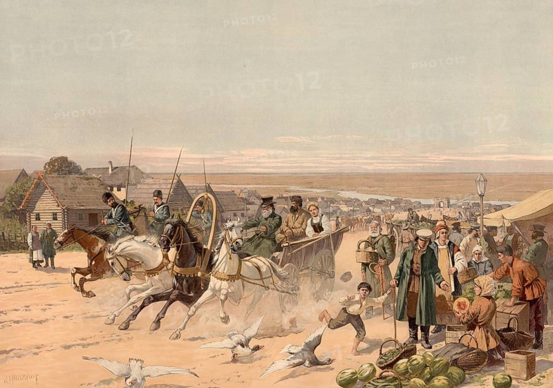 Market scene with carriage, three-wheeled troika, in a village in the steppe of southern Russia, authentic reproduction of a school mural, historical, around 1900
