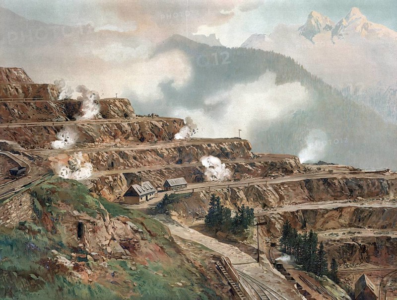 Quarry, ore mine, authentic reproduction of a school mural, historical, around 1900