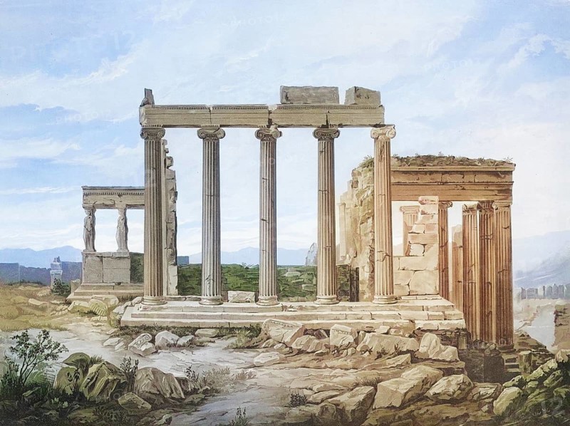 Erechtheion, Ionian-style temple on the Acropolis in Athens, which was built around 420 and 406 BC, Greece, authentic reproduction of a school mural, historic, around 1900