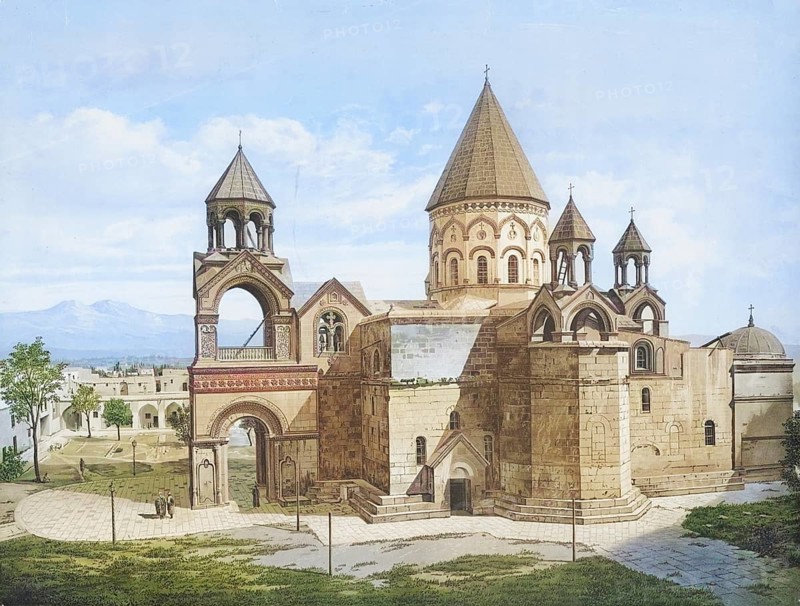 Etchmiadzin Cathedral is an Armenian Apostolic Church. It is located in the Armenian province of Armavir in the city of Vagharshapat, which is located about 20 km west of Yerevan, Armenia, authentic reproduction of a school mural, historical, around 1900