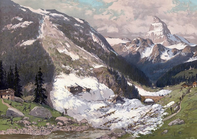 Avalanche in the Alps destroyed houses, Germany, authentic reproduction of a school mural, historic, around 1900