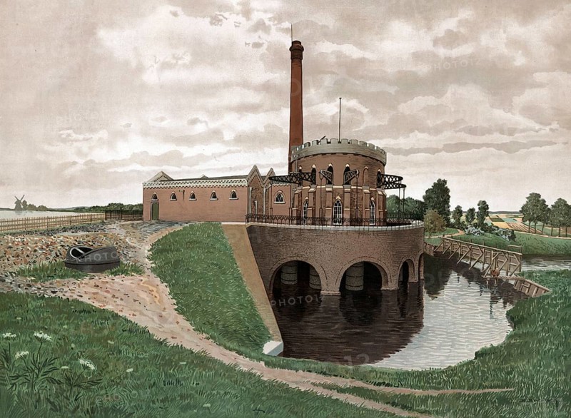 The De Cruquius pumping station from 1849 is one of three historic steam pumping plants used to drain the Haarlemmermeerpolder in the Dutch province of North Holland, Holland, the Netherlands, authentic reproduction of a school mural, historic, around 1900
