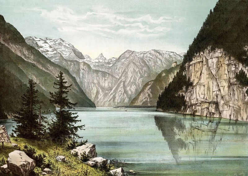 The KÃ¶nigssee, mountain lake in the municipality of SchÃ¶nau am KÃ¶nigssee in the Berchtesgadener Land district, Bavaria, Germany, authentic reproduction of a school wall painting, historical, around 1900