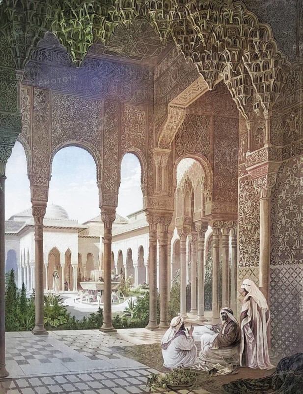 The Lion's Court in the Alhambra in Grenada, Andalusia, Spain, authentic reproduction of a school mural, historic, around 1900